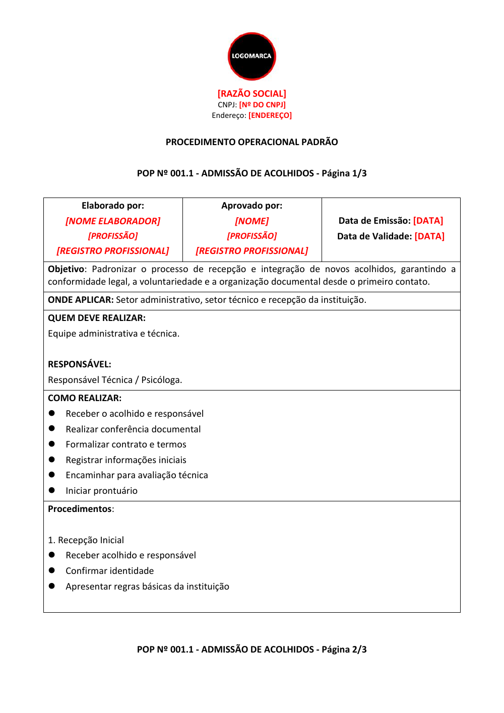Exemplo de POP de Admissão